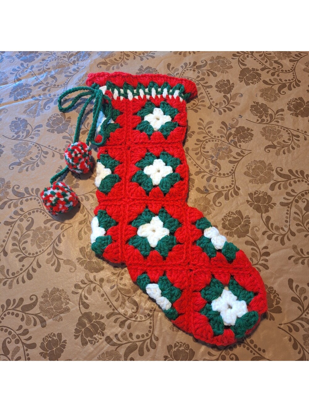 Crocheted Granny Square Christmas Stocking White, Red and Green Pom-Poms 16" VTG